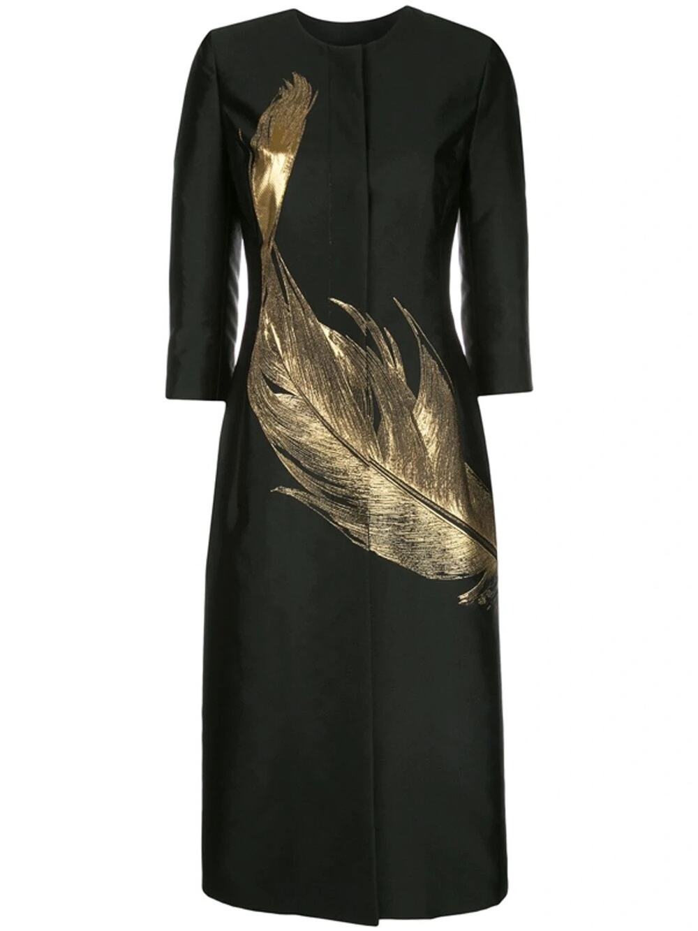 Oscar de la Renta Black Gold Metallic Feather Silk Blend Collarless Coat Jacket
